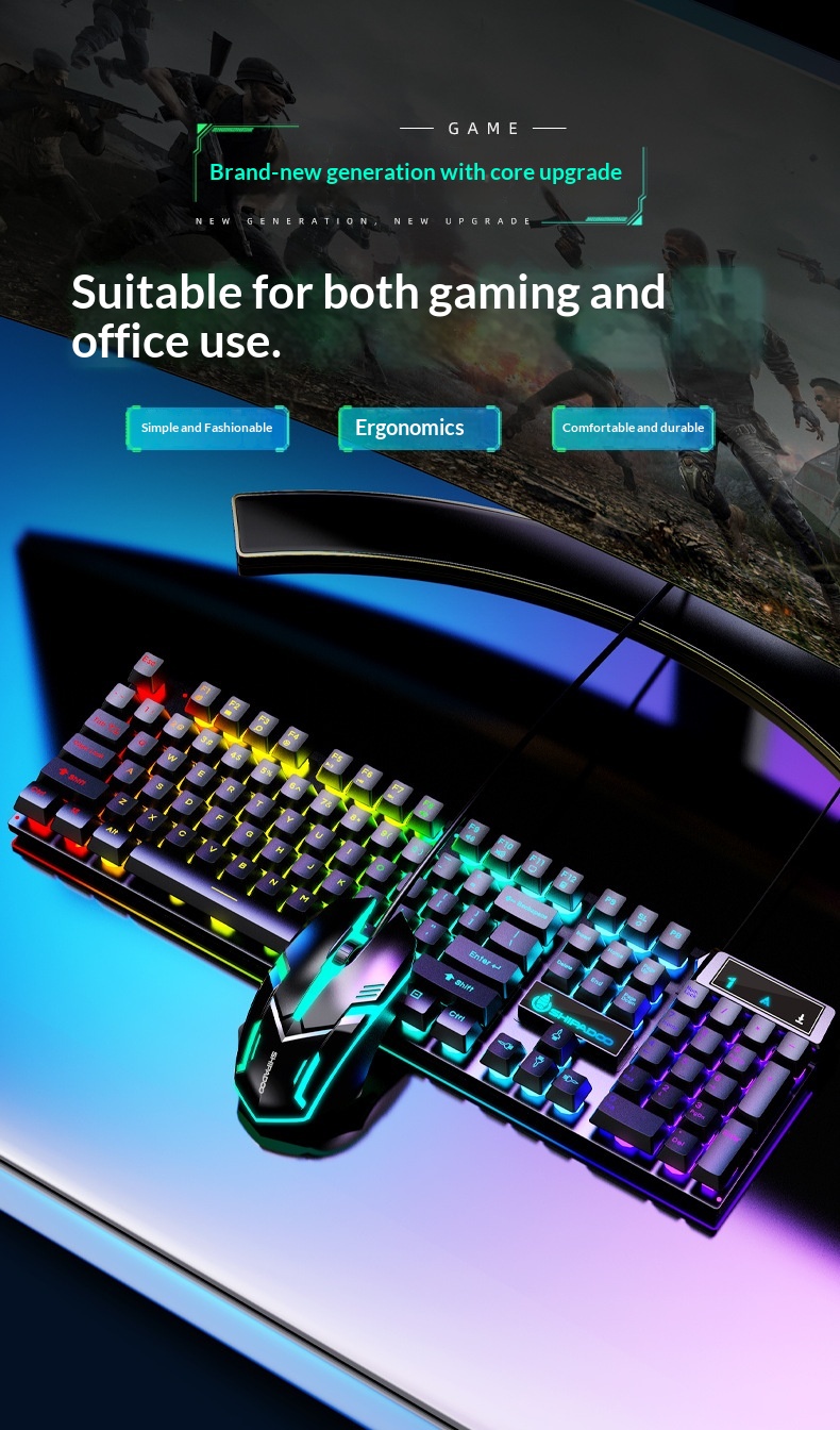 Set composto da tastiera e mouse Shibadu D500 RGB retroilluminati, con cavo USB e sensazione meccanica._voghion.com