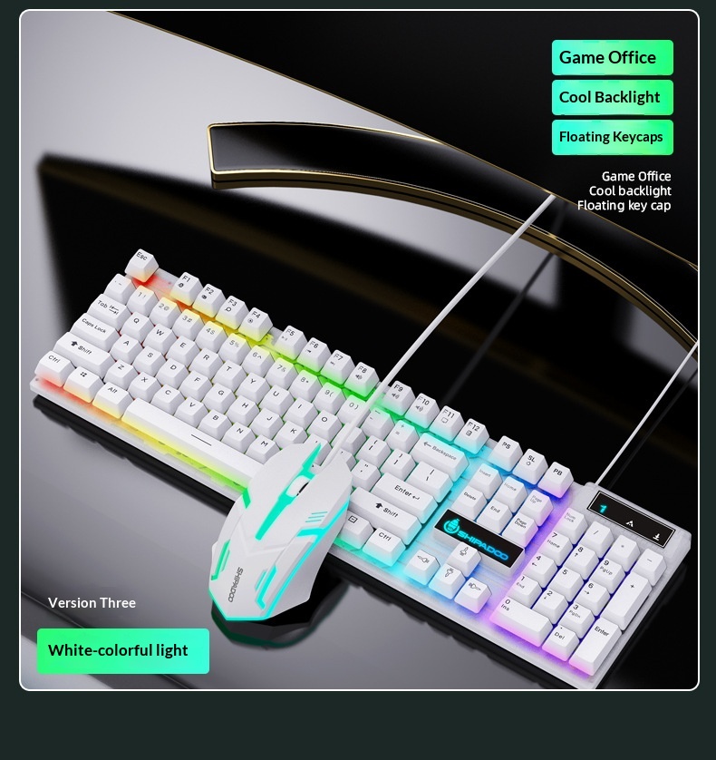 Set composto da tastiera e mouse Shibadu D500 RGB retroilluminati, con cavo USB e sensazione meccanica._voghion.com