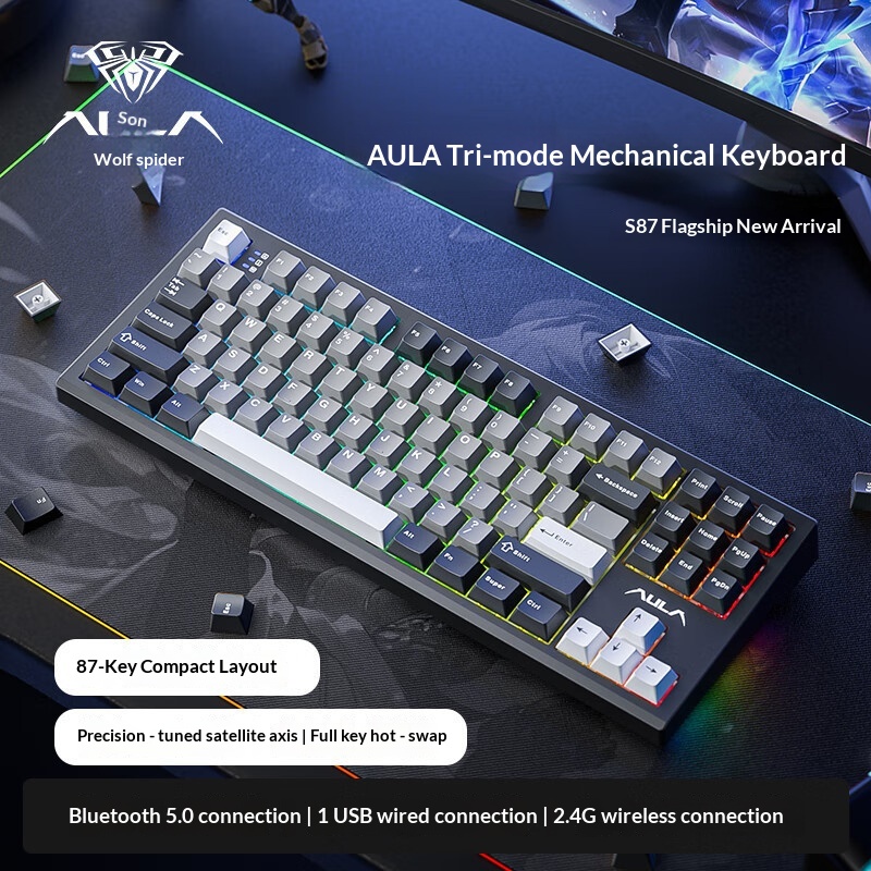 Wolf Spider S87 Customized Wireless Tri-Mode RGB Mechanical Keyboard With Engraved Keycaps, Hot-Swappable, Gasket, For_voghion.com