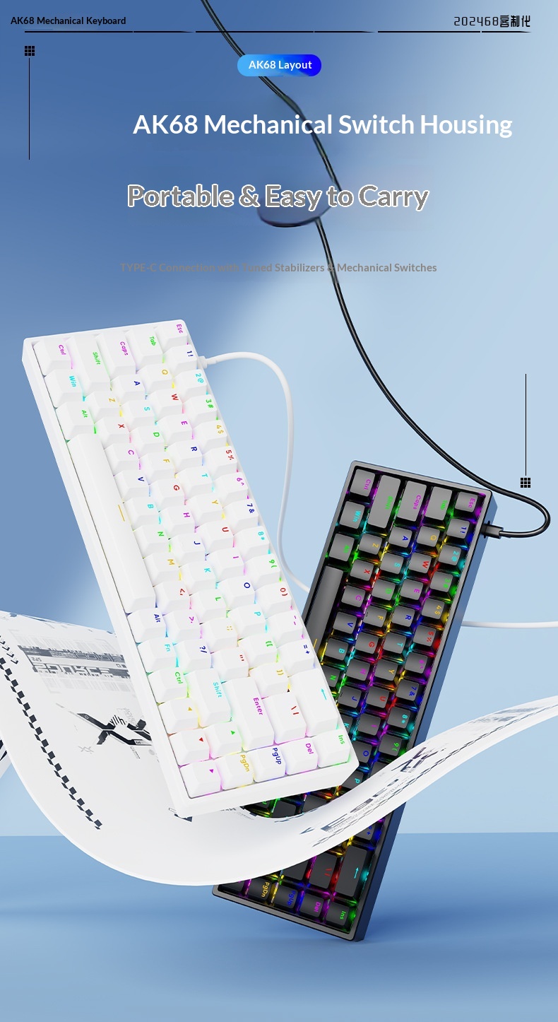 Tastiera mini cablata Sorex AK68 con switch meccanici blu e rossi, retroilluminata RGB, 68 tasti, layout compatto._voghion.com