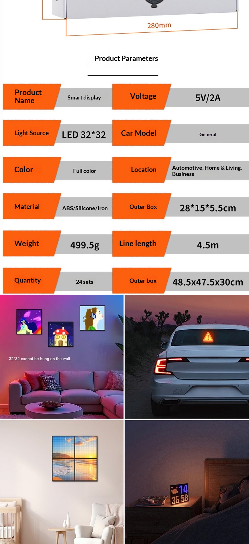 App per auto con LED per lunotto posteriore, Bluetooth, display colorato, decorazione per desktop, orologio con schermo pixel_voghion.com