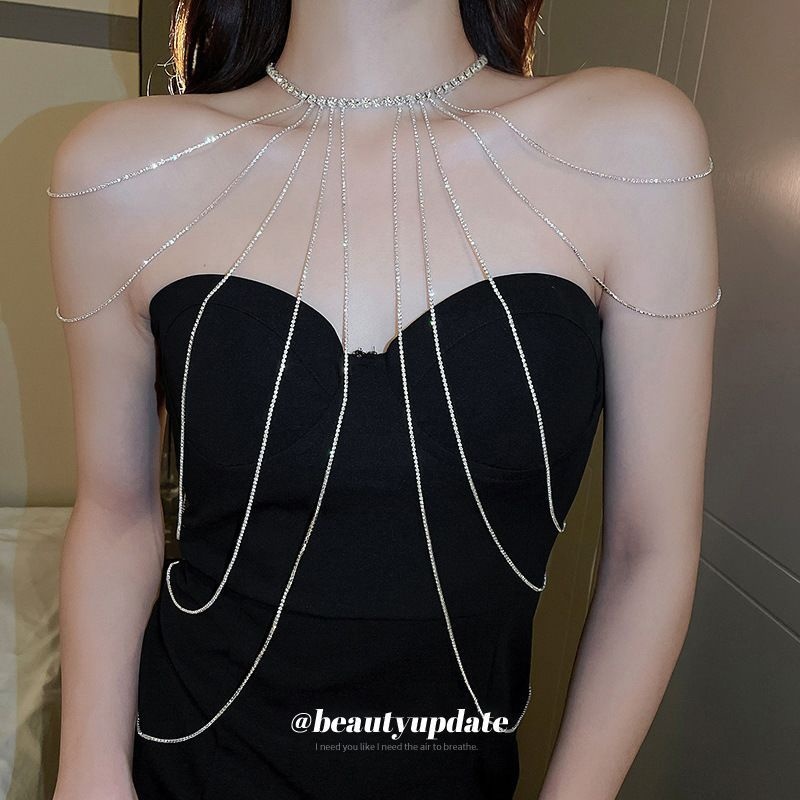 European And American Style Inlaid Diamond Long Clavicle Personality Dress Exaggerated Tassel Shoulder Body Chain_voghion.com