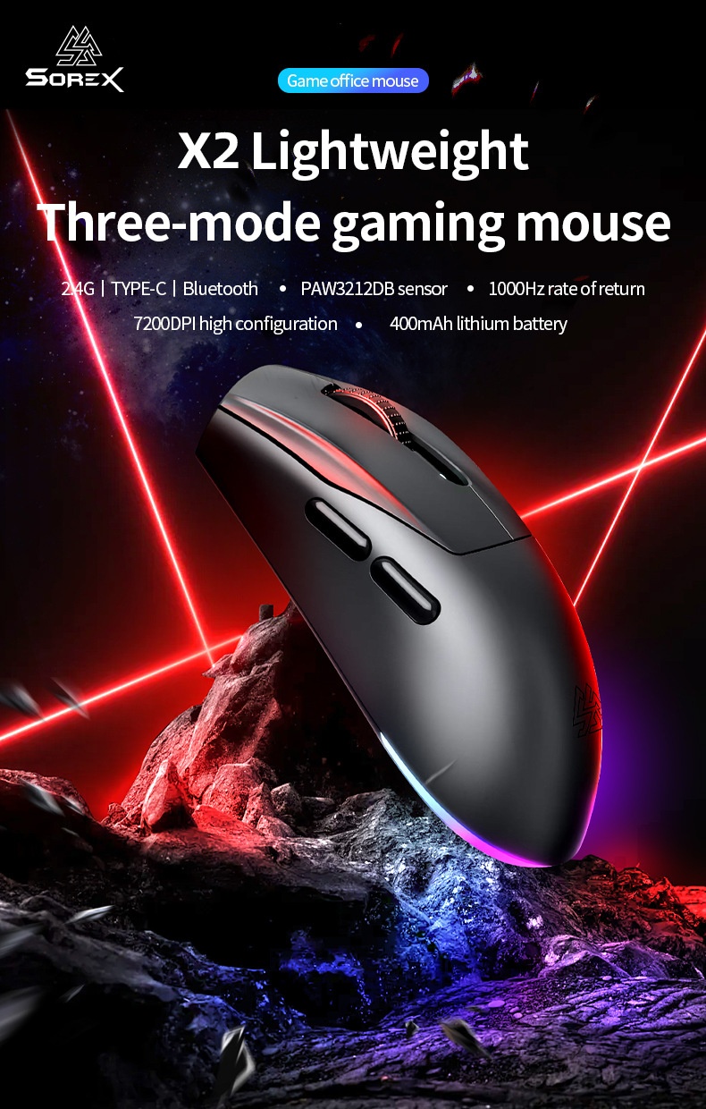 SOREX X2 Wireless Tri-Mode Mouse Bluetooth Wired RGB Gaming Office Desktop Laptop_voghion.com