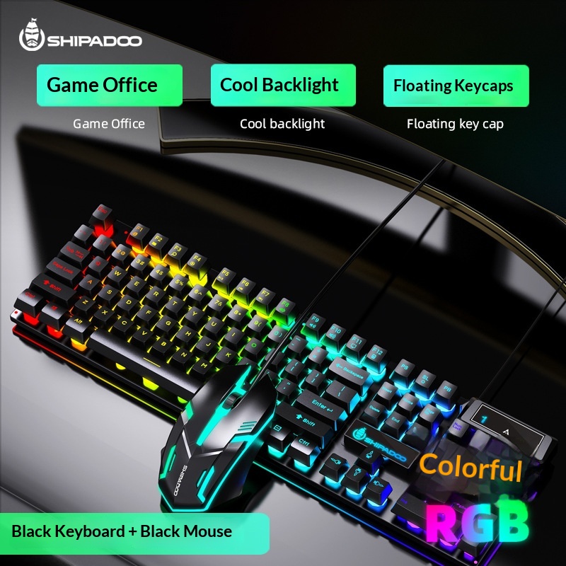 Set composto da tastiera e mouse Shibadu D500 RGB retroilluminati, con cavo USB e sensazione meccanica._voghion.com