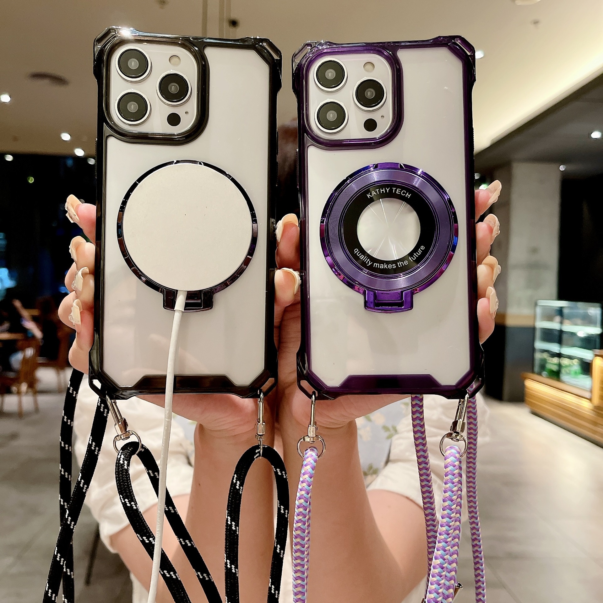 Four-Corner Traveler Magnetic Stand Crossbody Strap Compatible With IPhone 16 Pro Max Phone Case Shockproof S25U Hard_voghion.com