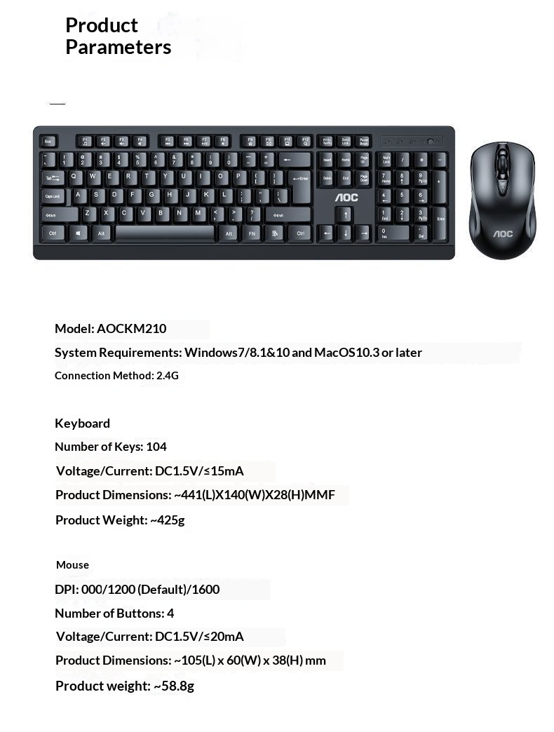 TPV AOC KM210 Wireless Keyboard Mouse Set Business Office Laptop Desktop Computer 2.4G_voghion.com