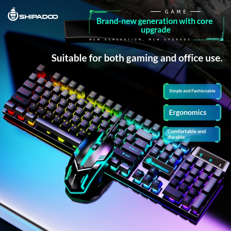 Set composto da tastiera e mouse Shibadu D500 RGB retroilluminati, con cavo USB e sensazione meccanica._voghion.com