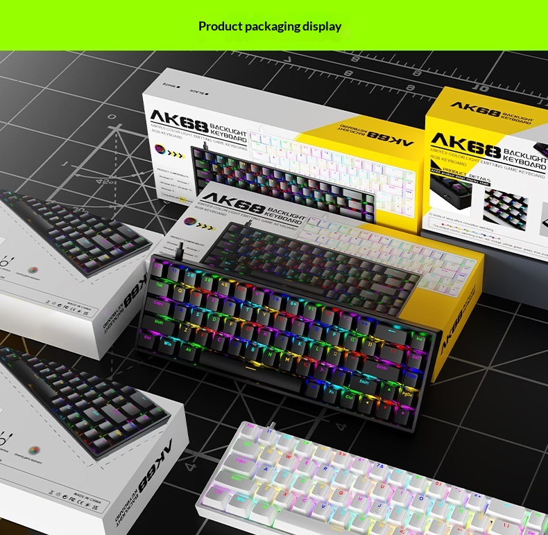 Clavier AK68 à touches mécaniques, interrupteurs bleus et rouges, filaire, mini, portable, rétroéclairage RGB, petit format_voghion.com