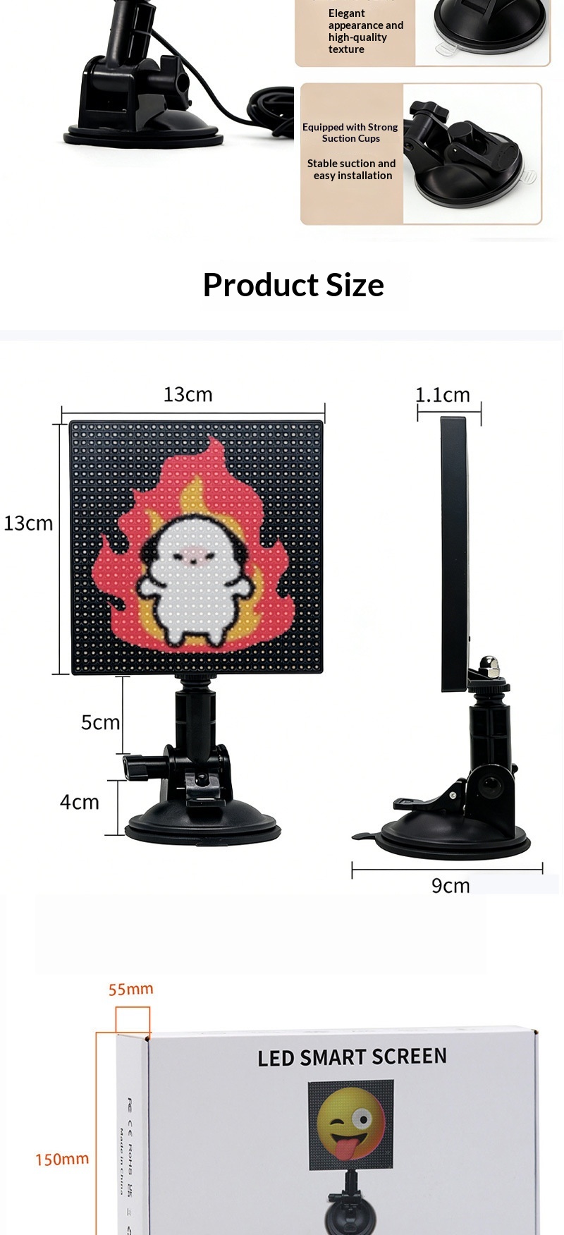 App per auto con LED per lunotto posteriore, Bluetooth, display colorato, decorazione per desktop, orologio con schermo pixel_voghion.com