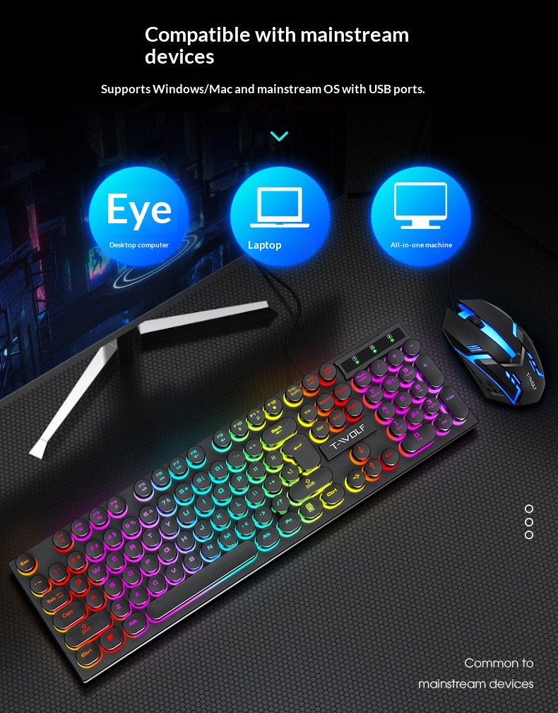 Set tastiera e mouse Thunderwolf TF270 con sensazione meccanica, cablato, silenzioso, per computer, laptop, gaming, e-sport e desktop._voghion.com