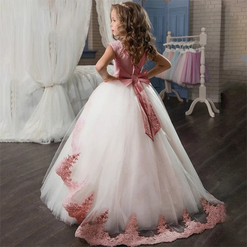Children's Wedding Long Puffy Gown For Banquet Party Little Flower Girl Dress High-end Lace Trim_voghion.com