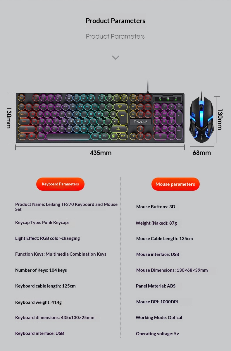 Set tastiera e mouse Thunderwolf TF270 con sensazione meccanica, cablato, silenzioso, per computer, laptop, gaming, e-sport e desktop._voghion.com