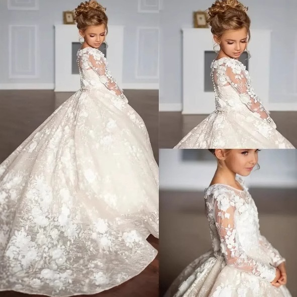 Children's Ball Gown Little Wedding Flower Girl Lace Long Sleeve Birthday Party Princess Dress_voghion.com