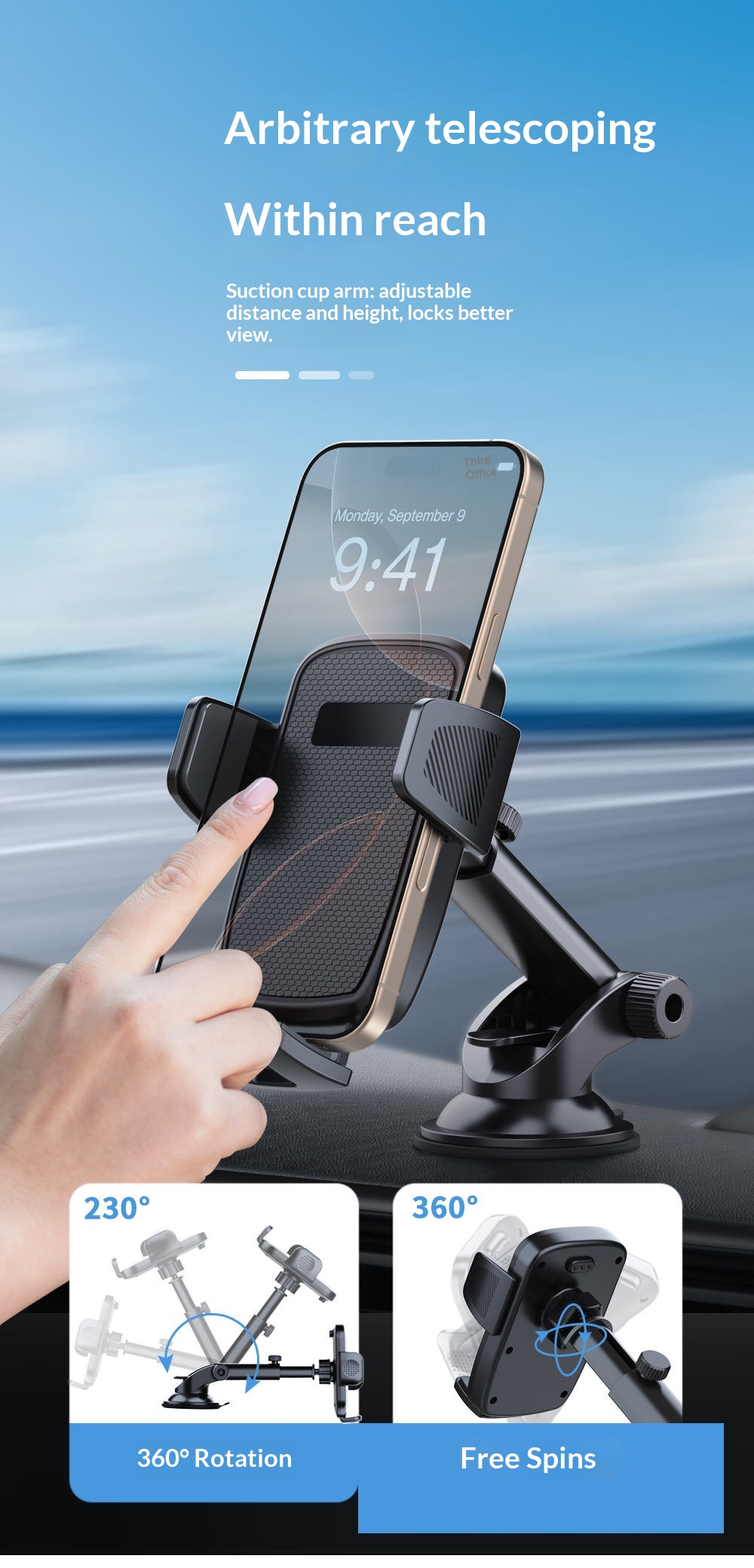 Supporto per telefono auto con ventosa adesiva per cruscotto e parabrezza, supporto universale girevole e personalizzabile._voghion.com