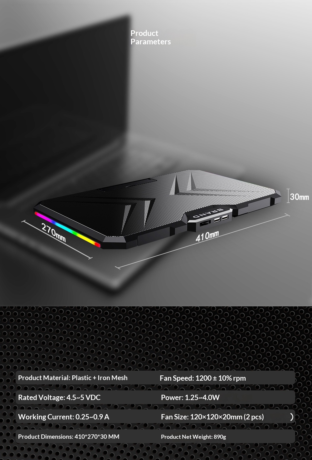 Cross-border RGB Cooler, Portable Computer Base, Large Fan Laptop Cooling Stand_voghion.com