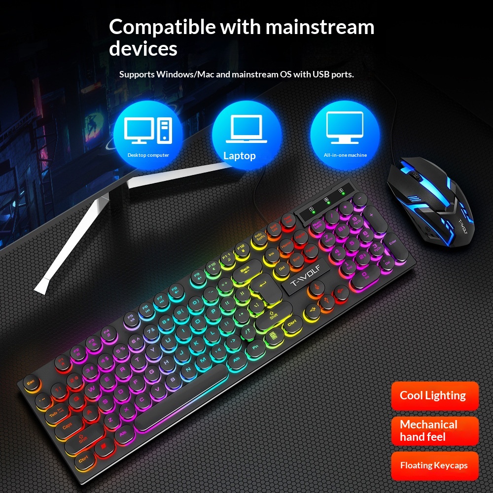 Set tastiera e mouse Thunderwolf TF270 con sensazione meccanica, cablato, silenzioso, per computer, laptop, gaming, e-sport e desktop._voghion.com