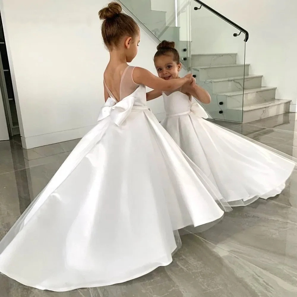 White Girls' Light White Sleeveless Wedding For Little Girls, Flower Girl Dress, 2026 New Satin Dress_voghion.com