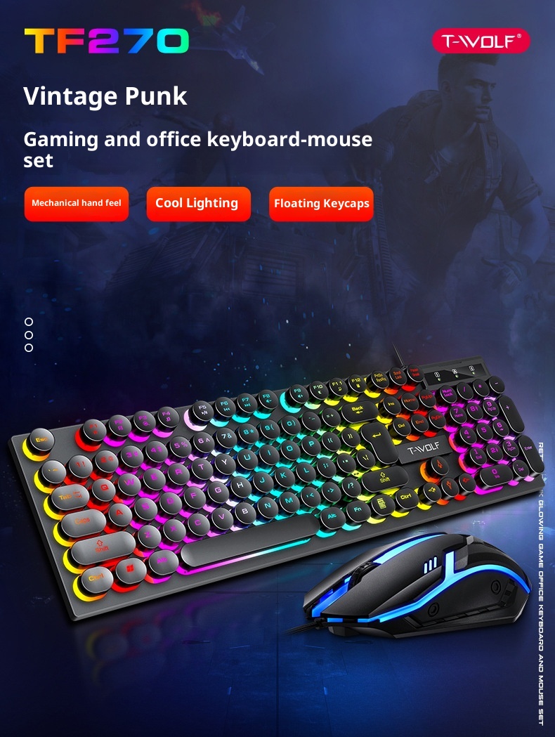 Set tastiera e mouse Thunderwolf TF270 con sensazione meccanica, cablato, silenzioso, per computer, laptop, gaming, e-sport e desktop._voghion.com