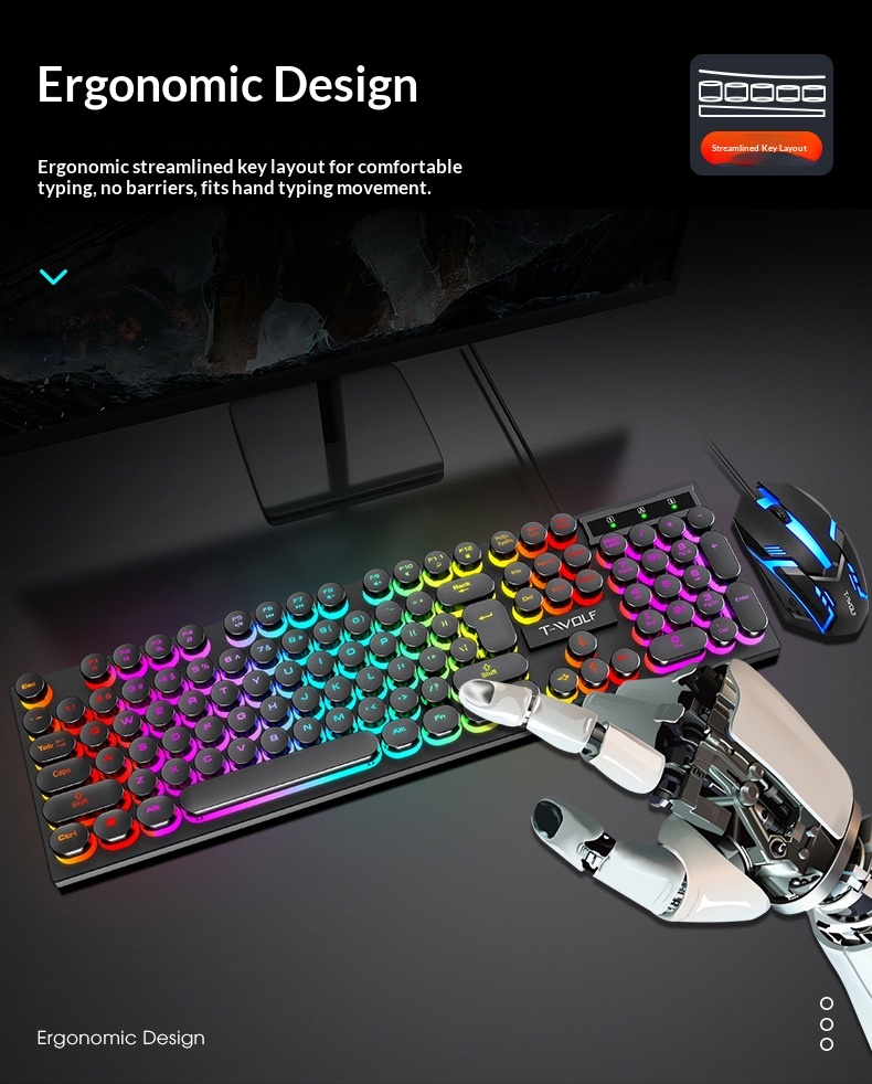 Set tastiera e mouse Thunderwolf TF270 con sensazione meccanica, cablato, silenzioso, per computer, laptop, gaming, e-sport e desktop._voghion.com