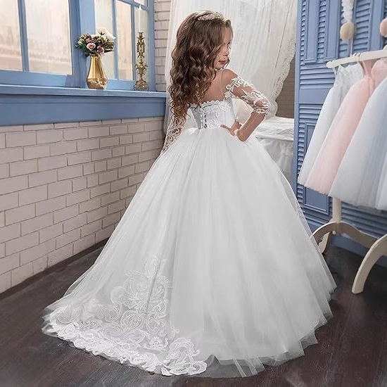 Children's Flower Girl 2026 New White Lace Small Train Gown Elegant Long Dress_voghion.com
