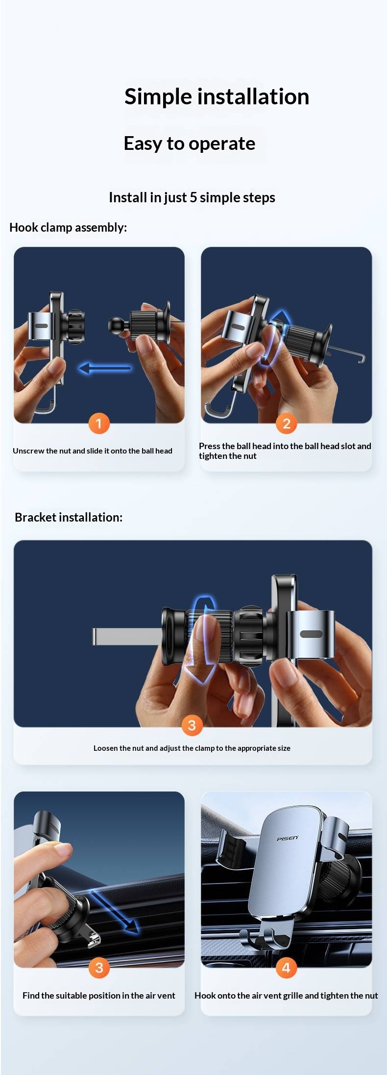 Supporto per telefono Pisen da auto con sensore di gravità, fissaggio fisso universale per bocchetta dell'aria_voghion.com