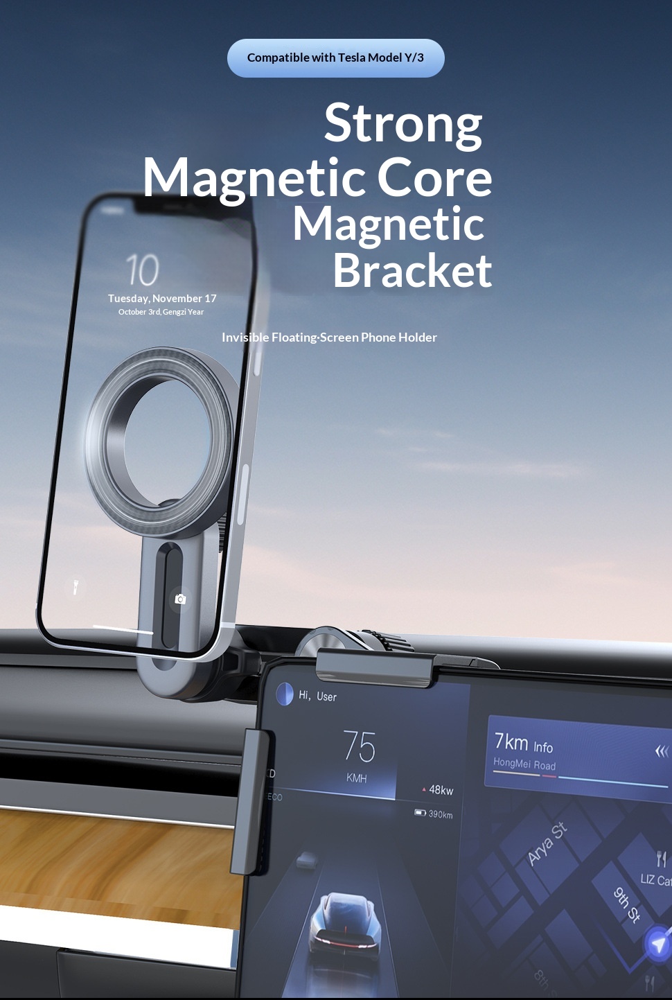 Zentraler Bedienbildschirmständer, faltbare Navigations-Handyhalterung, fahrzeugmontierter, grenzüberschreitender Tesla-Lüftungsschlitzständer_voghion.com