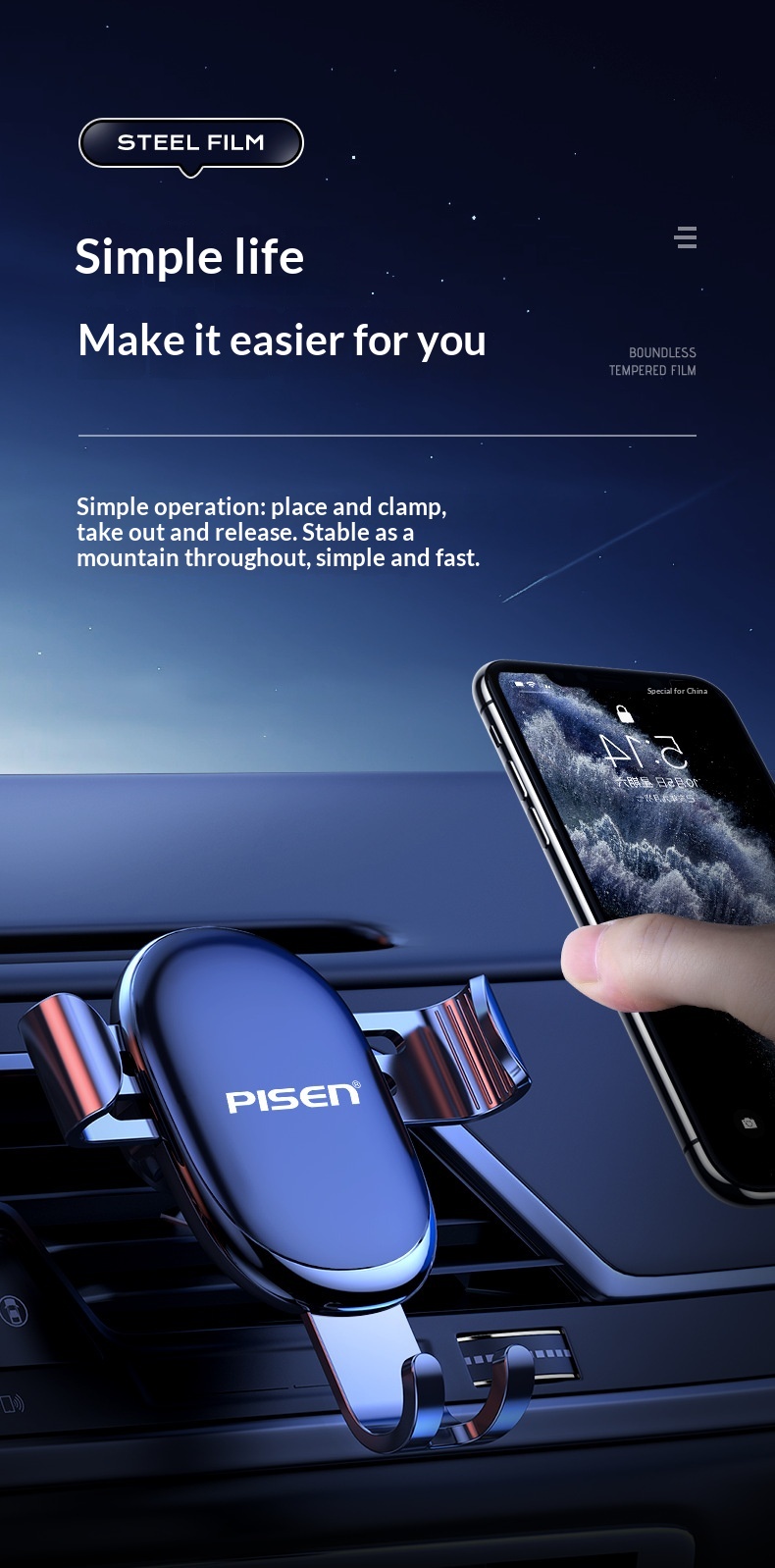 Supporto per telefono Pisen da auto con sensore di gravità, fissaggio fisso universale per bocchetta dell'aria_voghion.com