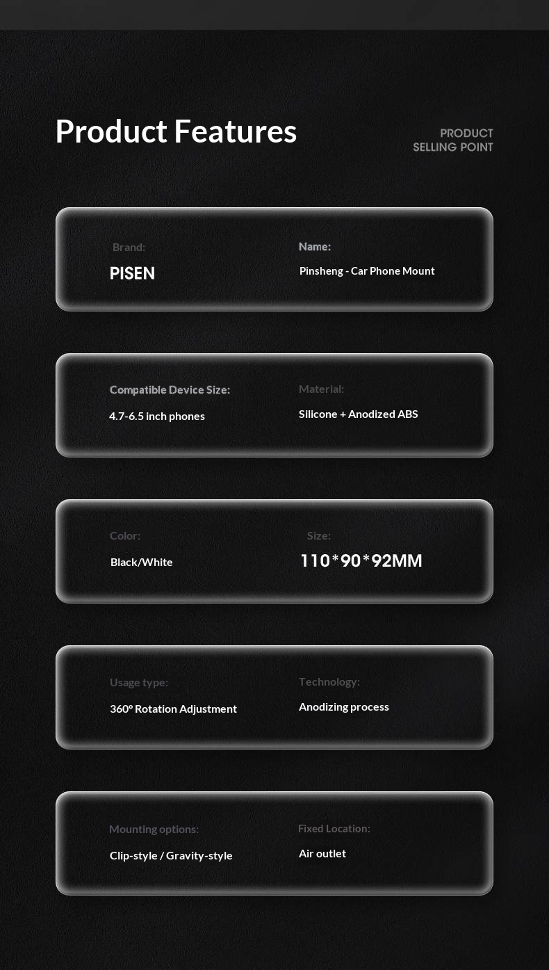 Supporto per telefono Pisen da auto con sensore di gravità, fissaggio fisso universale per bocchetta dell'aria_voghion.com