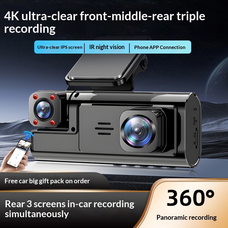 2025 New Model Dash Cam With Triple Cameras And 360 View°Panoramic Video Recording 4K Ultra HD Infrared Night Vision_voghion.com