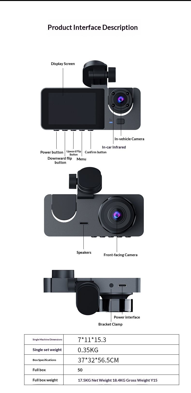 Camera auto hd cu trei obiective frontal interior și spate_voghion.com