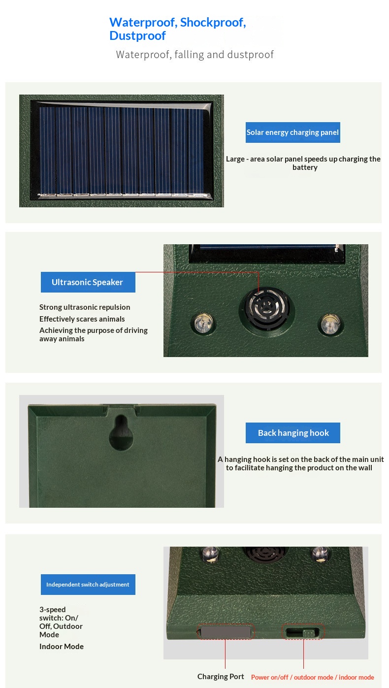 Rechargeable Solar Ultrasonic Wolf Repeller Waterproof Led Light_voghion.com