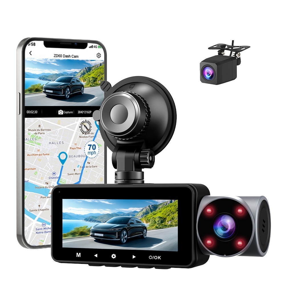 Cross-Border 3-Lens 360-Degree Dash Cam HD 4K Front Interior Rear Recording Multi-Language WIFI_voghion.com