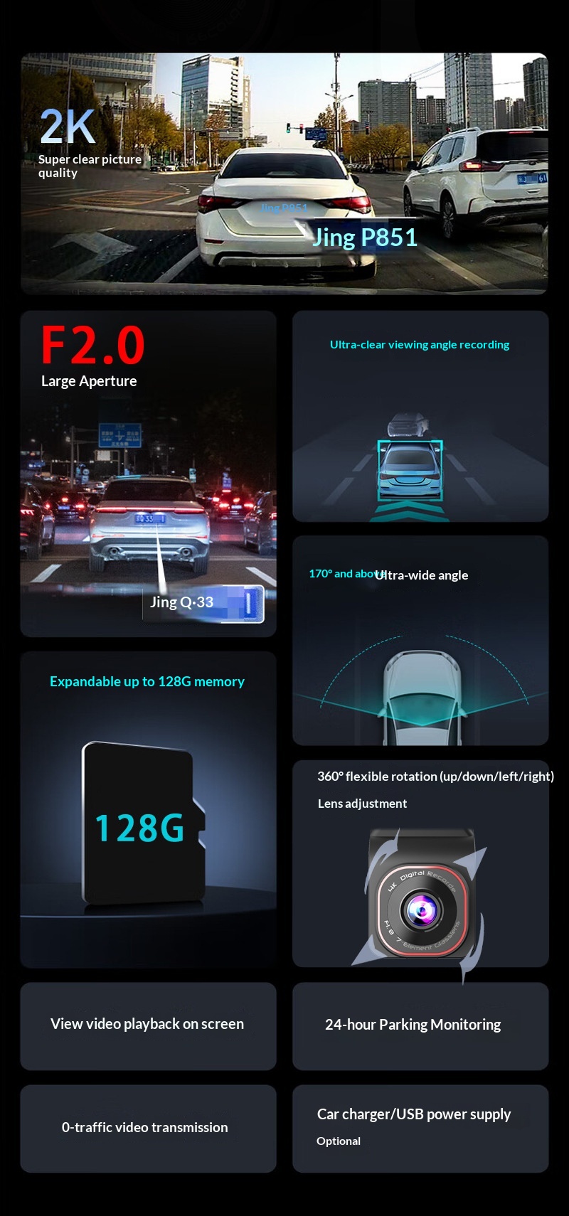 Dashcam 2k fram- och backkamera med parkeringsövervakning_voghion.com