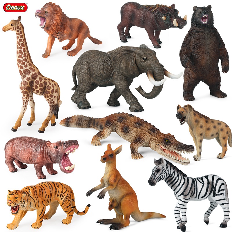 Modèles d'animaux solides pour simulation cognitive : lion, tigre, éléphant, hippopotame, girafe, ours brun, kangourou, zèbre (jouet)_voghion.com