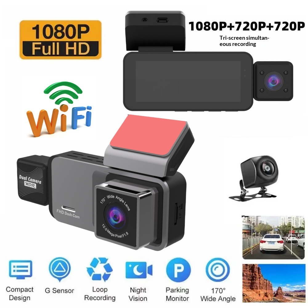 Cross-Border New Product Dash Cam HD Night Vision 1080P Triple Recording Dual Display WIFI Car Sharing Vehicle DVR_voghion.com