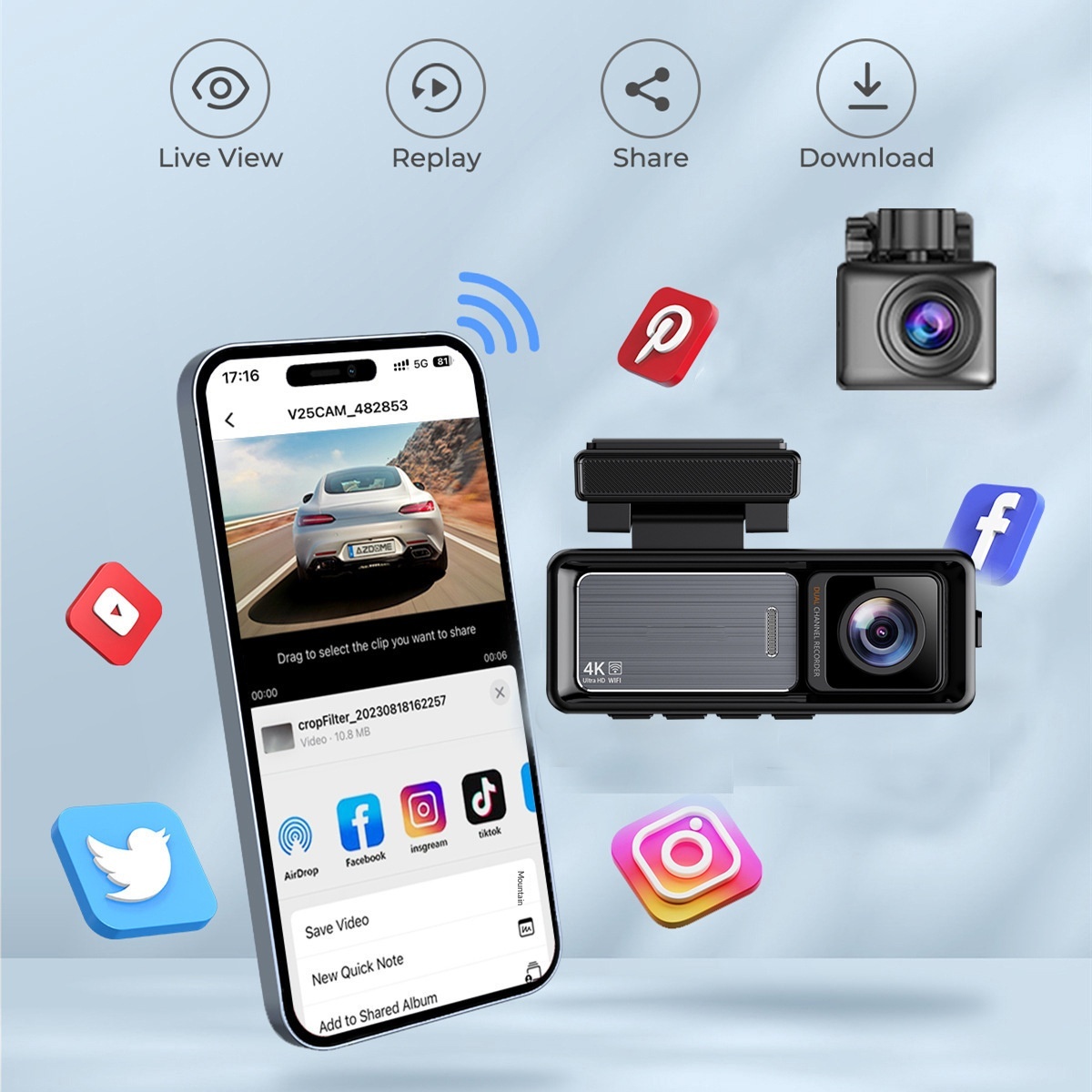 4K dual-recording 130-graden WIFI-dashcam met parkeerbewaking, 3,2 inch dual-recording dashcam voor voor- en achterkant_voghion.com