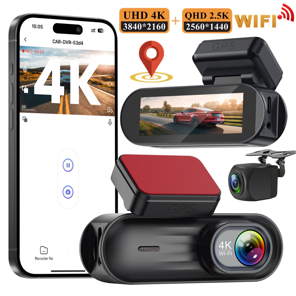 Cross-Bordr 4K Dashcam mit WLAN, Ultra HD-Front- und Rückfahrkamera, GPS, Nachtsicht, 24-Stunden-Parküberwachung und Rückfahrkamera_voghion.com