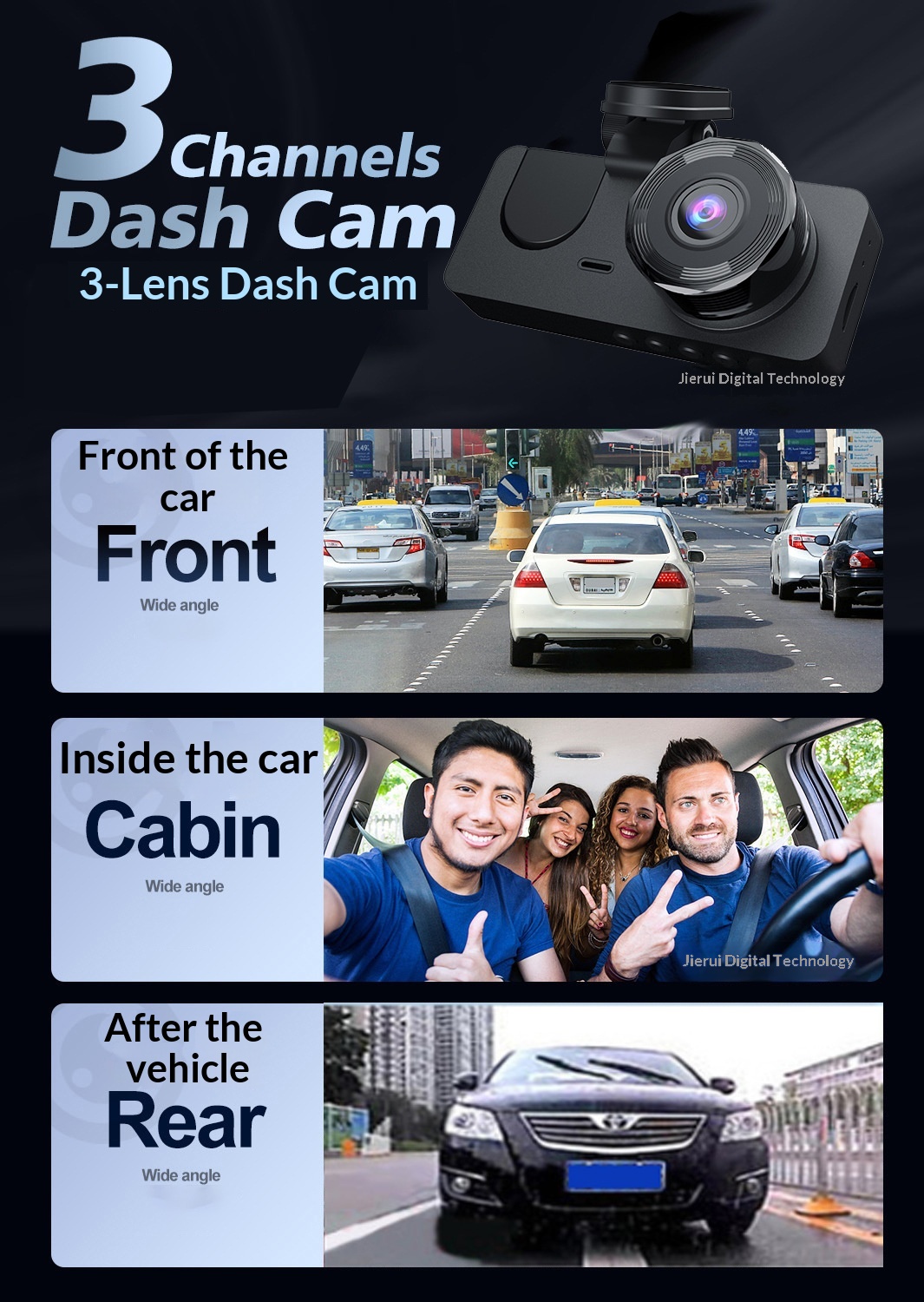 Camera auto hd cu trei obiective frontal interior și spate_voghion.com