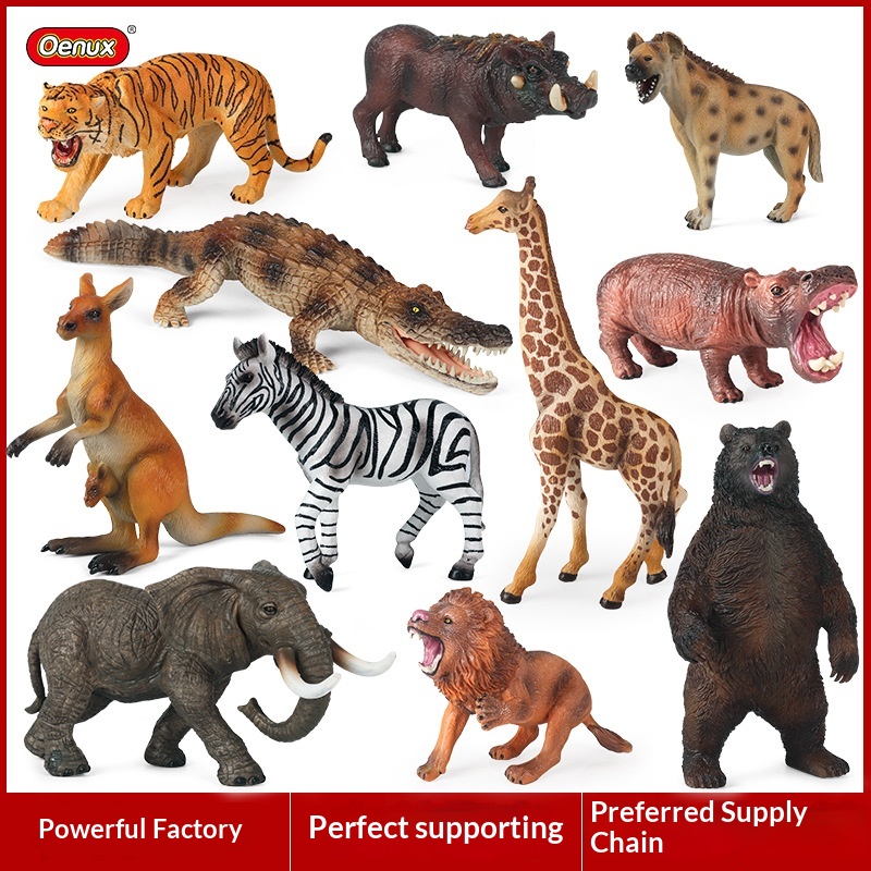 Modèles d'animaux solides pour simulation cognitive : lion, tigre, éléphant, hippopotame, girafe, ours brun, kangourou, zèbre (jouet)_voghion.com