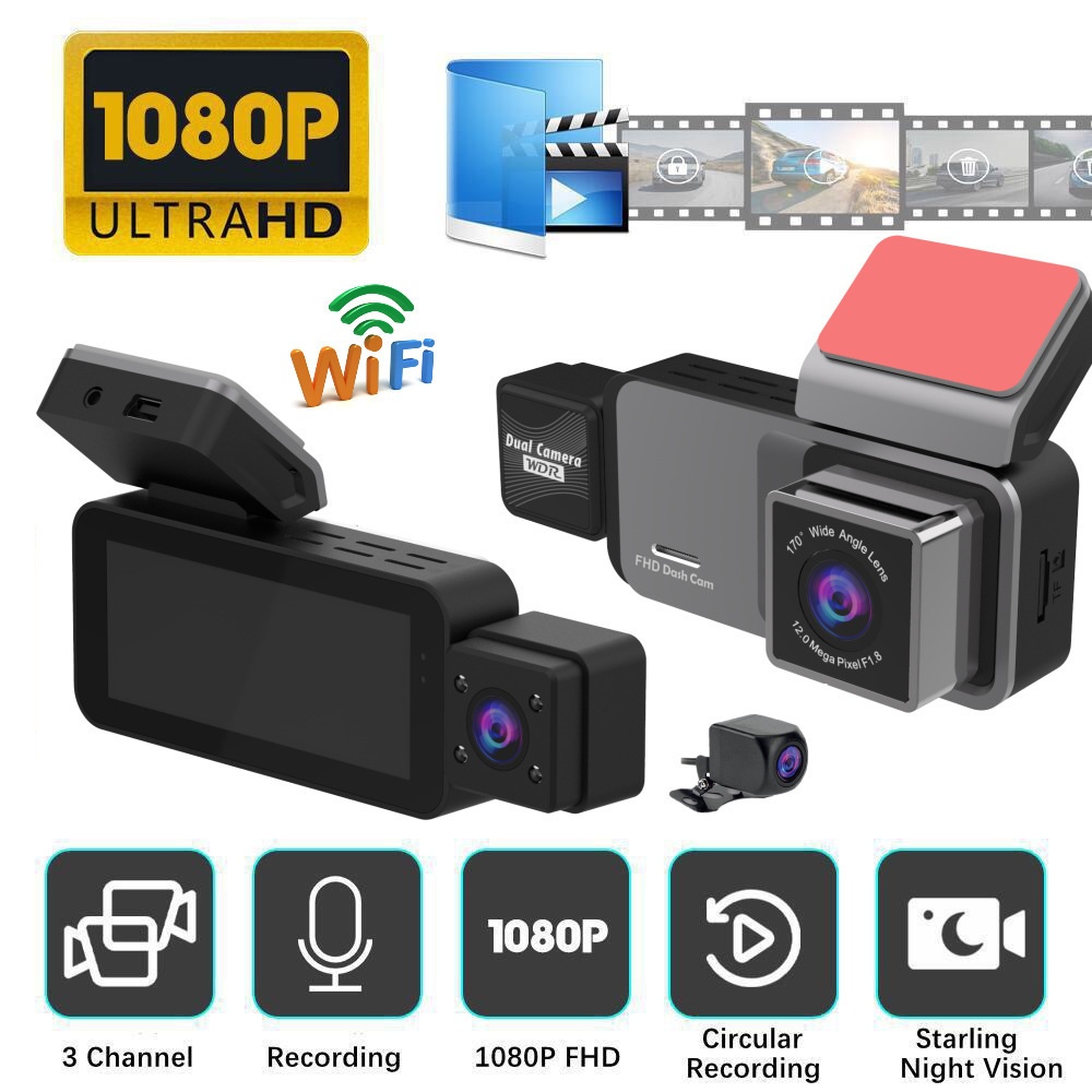 Cross-Border New Product Dash Cam HD Night Vision 1080P Triple Recording Dual Display WIFI Car Sharing Vehicle DVR_voghion.com