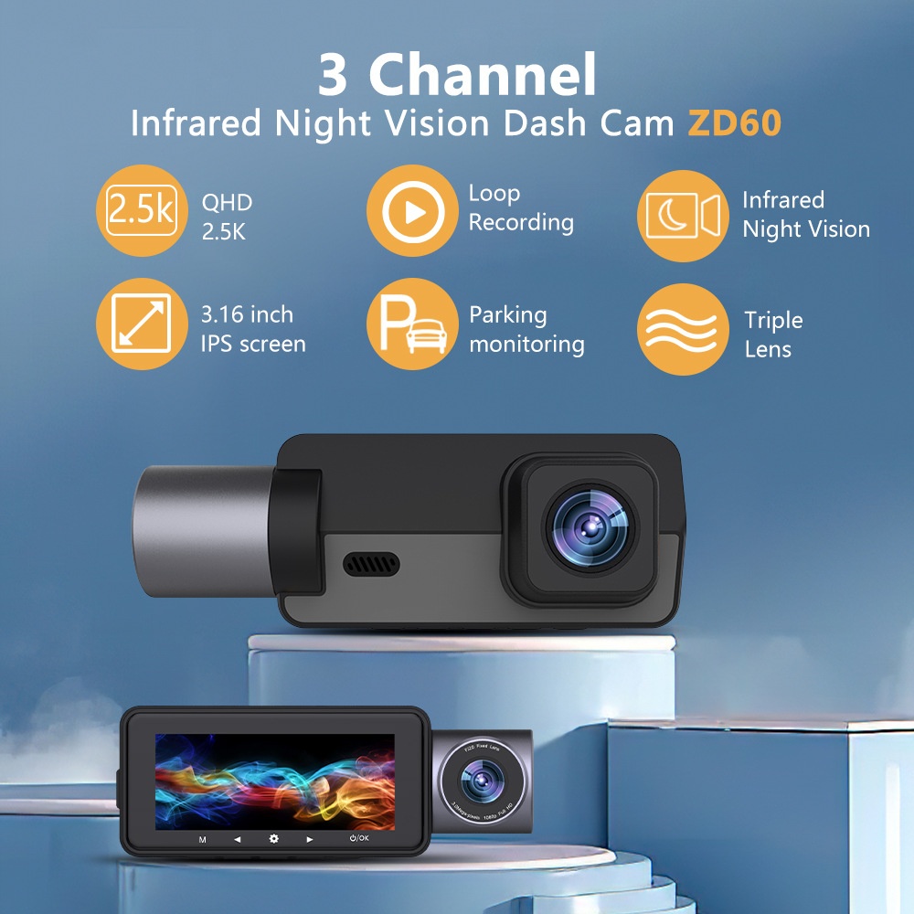 Cross-Border 3-Lens 360-Degree Dash Cam HD 4K Front Interior Rear Recording Multi-Language WIFI_voghion.com