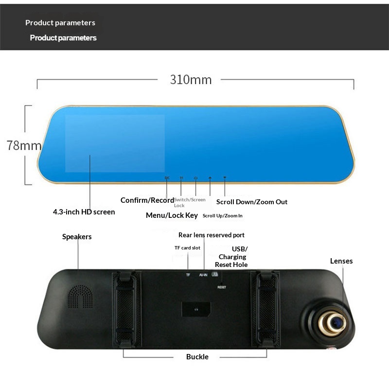 Dashcam med backspegel och dubbelkamera för fram och bak_voghion.com