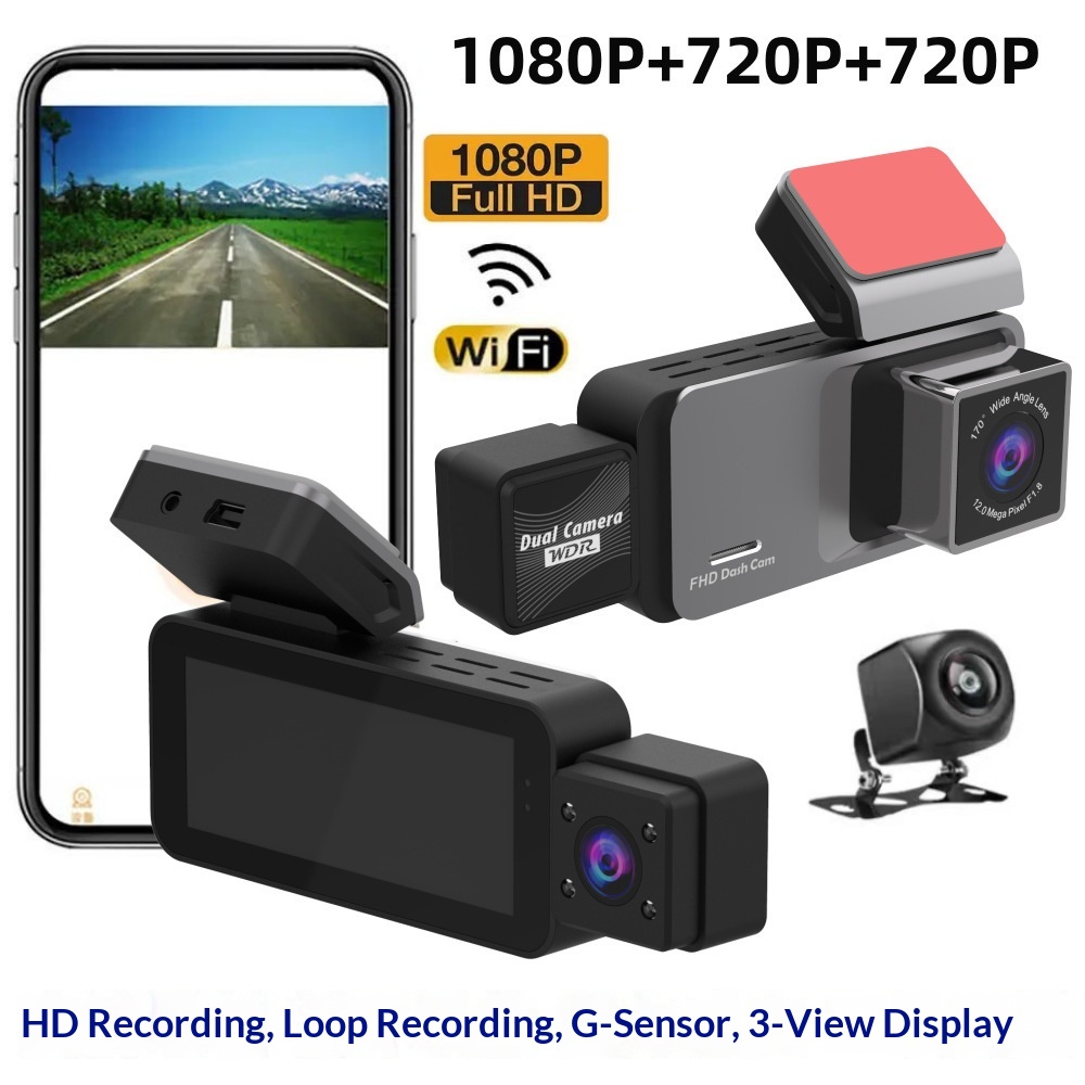 Cross-Border New Product Dash Cam HD Night Vision 1080P Triple Recording Dual Display WIFI Car Sharing Vehicle DVR_voghion.com