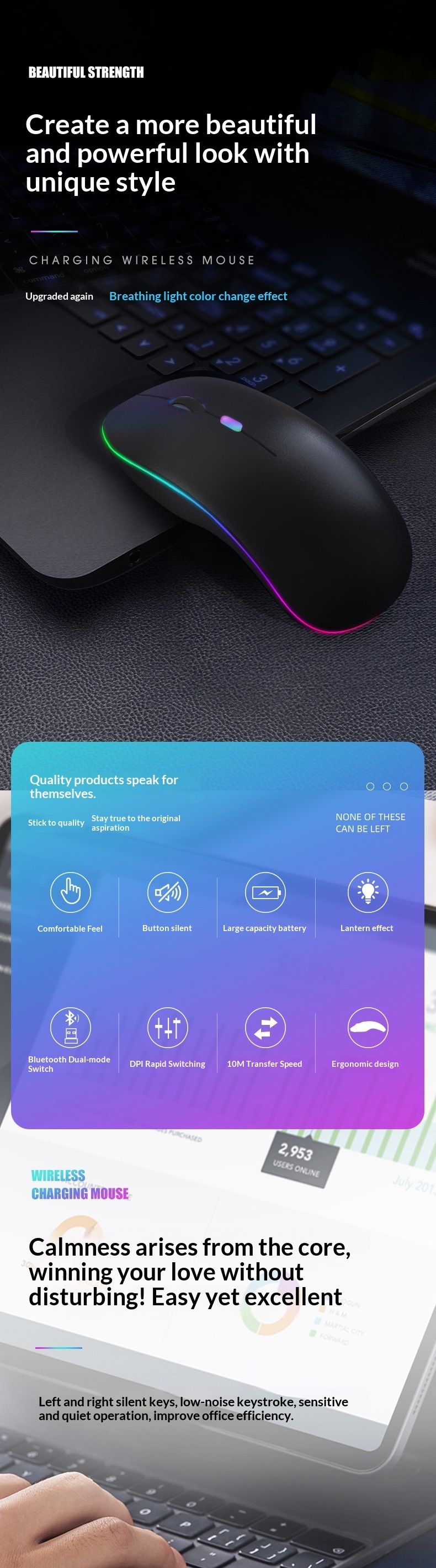 Souris sans fil Bluetooth rechargeable de deuxième génération, lumineuse et à trois modes, disponible en gros depuis l'étranger._voghion.com