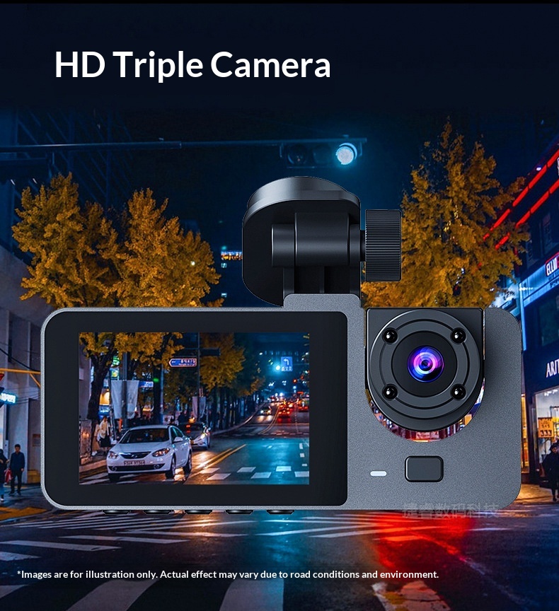 Camera auto hd cu trei obiective frontal interior și spate_voghion.com