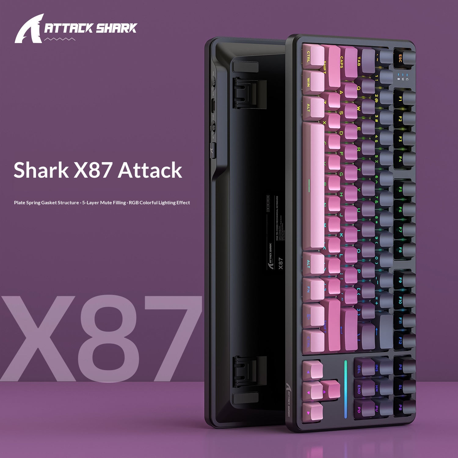 Teclado mecánico inalámbrico Attack Shark X87 con Bluetooth, triple modo, junta personalizable y grabado lateral para juegos._voghion.com