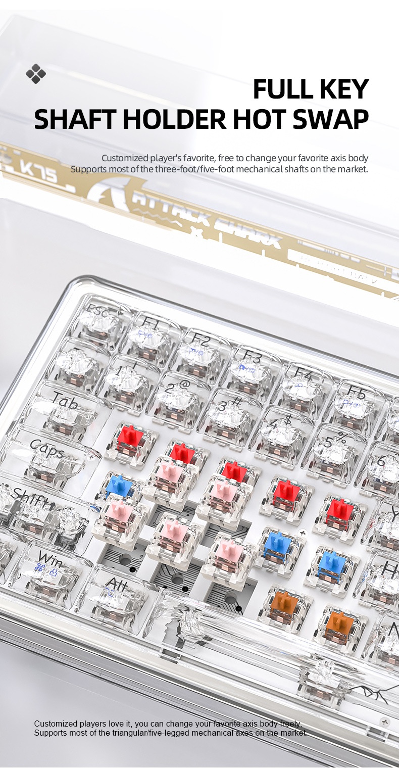Teclado mecánico inalámbrico Bluetooth Attack Shark K75RGB con junta transparente e intercambiable en caliente_voghion.com