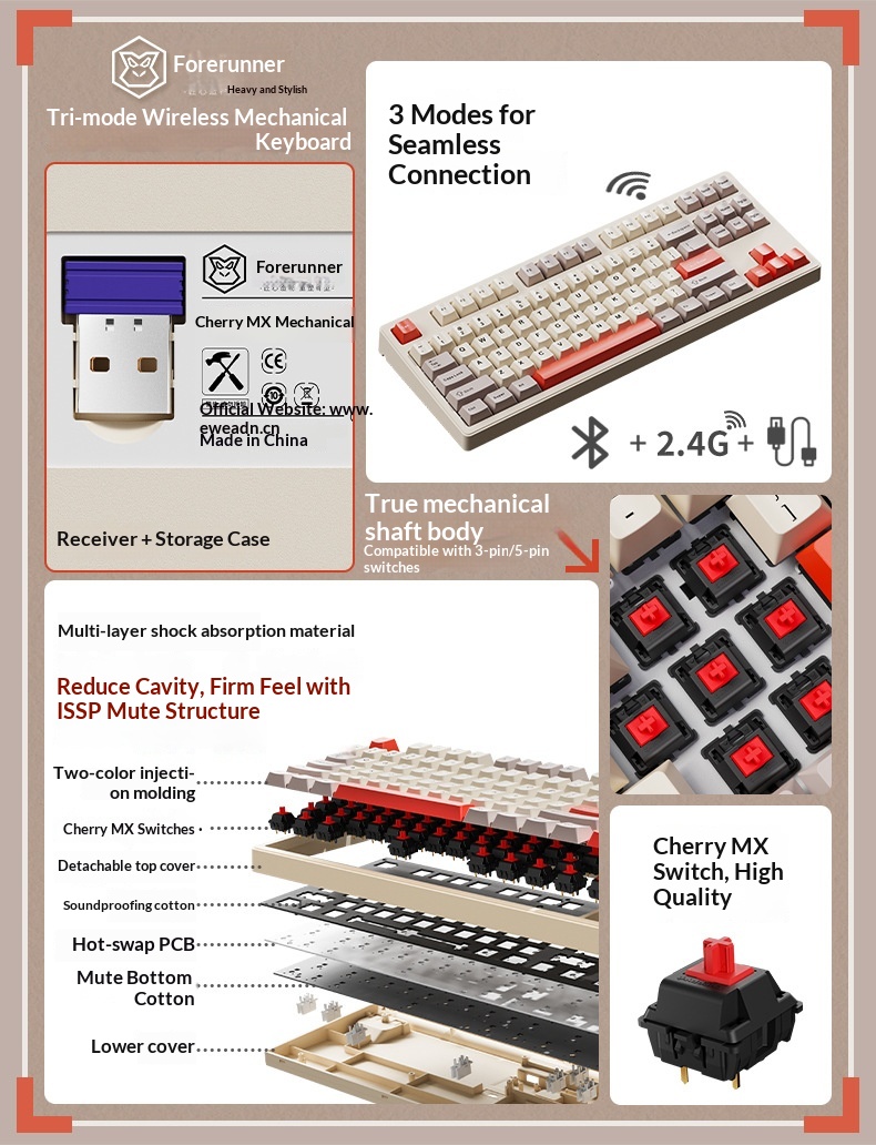 Forerunner Cherry CR108 Mechanical Keyboard Wireless Bluetooth Tri-Mode Gaming Computer Office High Aesthetic_voghion.com