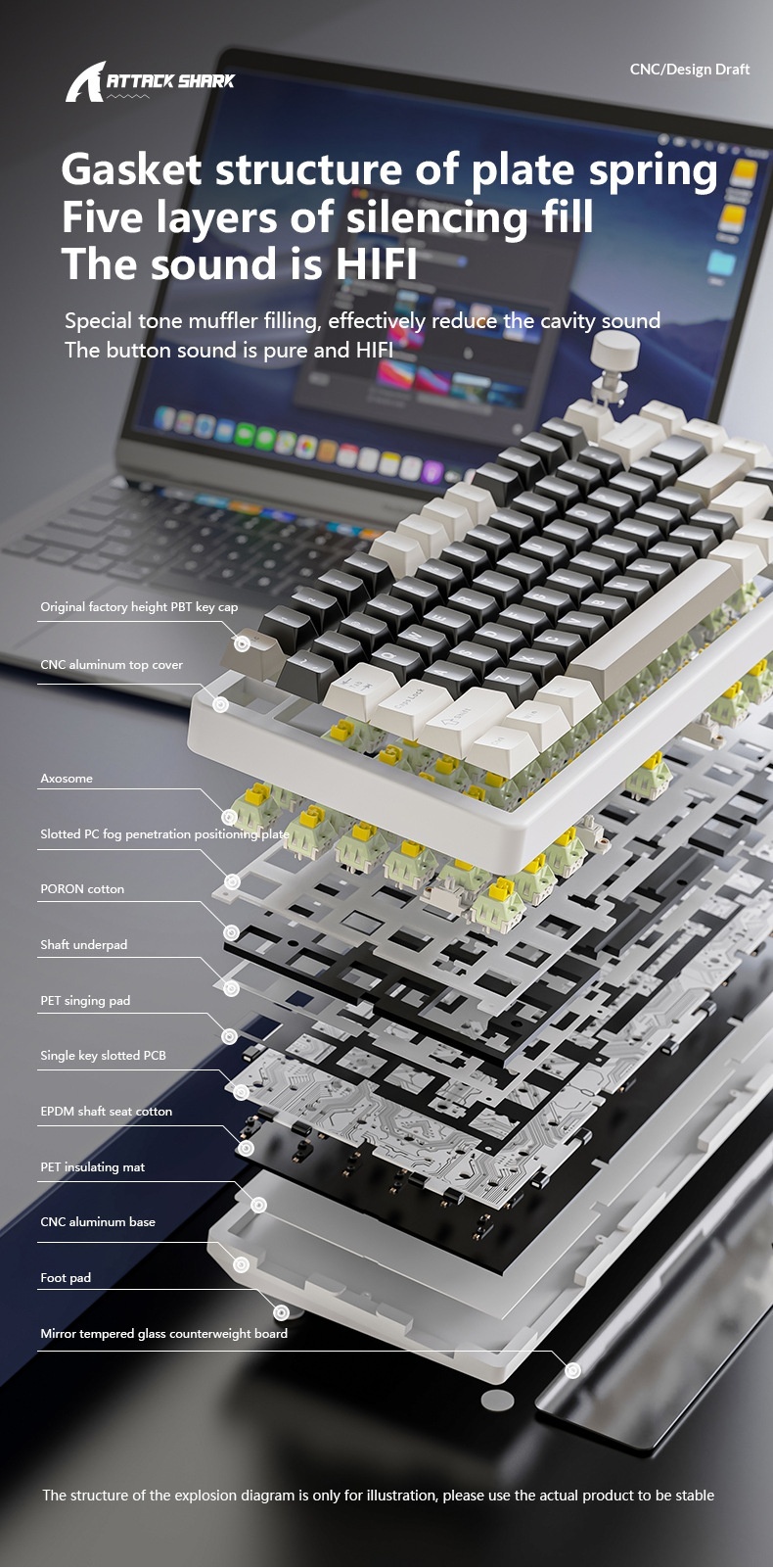 Teclado mecánico Attack Shark X86 con acabado de aluminio, RGB, inalámbrico, Bluetooth y estructura de junta de tres modos._voghion.com