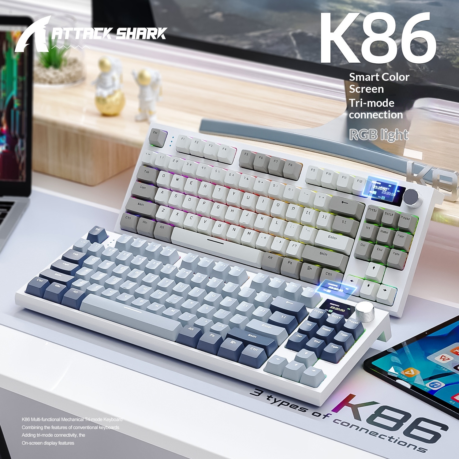 Attack Shark K86 Three-Mode RGB Bluetooth 2.4G Wired Illuminated Customizable Display Hot-Swappable Mechanical Keyboard_voghion.com